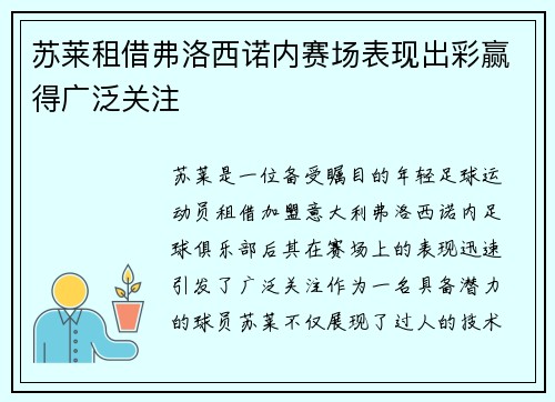 苏莱租借弗洛西诺内赛场表现出彩赢得广泛关注